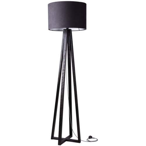 Wysoka lampa stojąca na czterech nogach wykonana z drewna dębowego w kolorze czarnym, wykończona abażurem z czarnego weluru